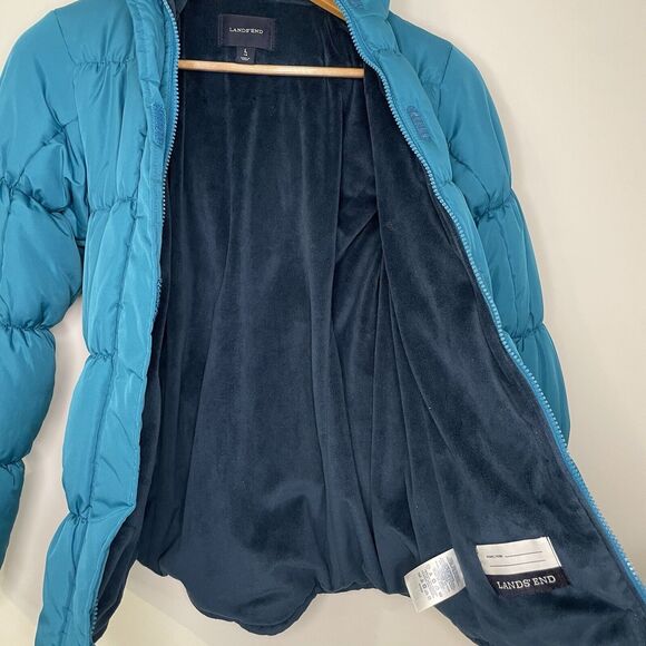 Lands End Fleece Lined Puffer Coat Hooded Jacket Full Zip Blue  Girl's Large 14 - Picture 5 of 8